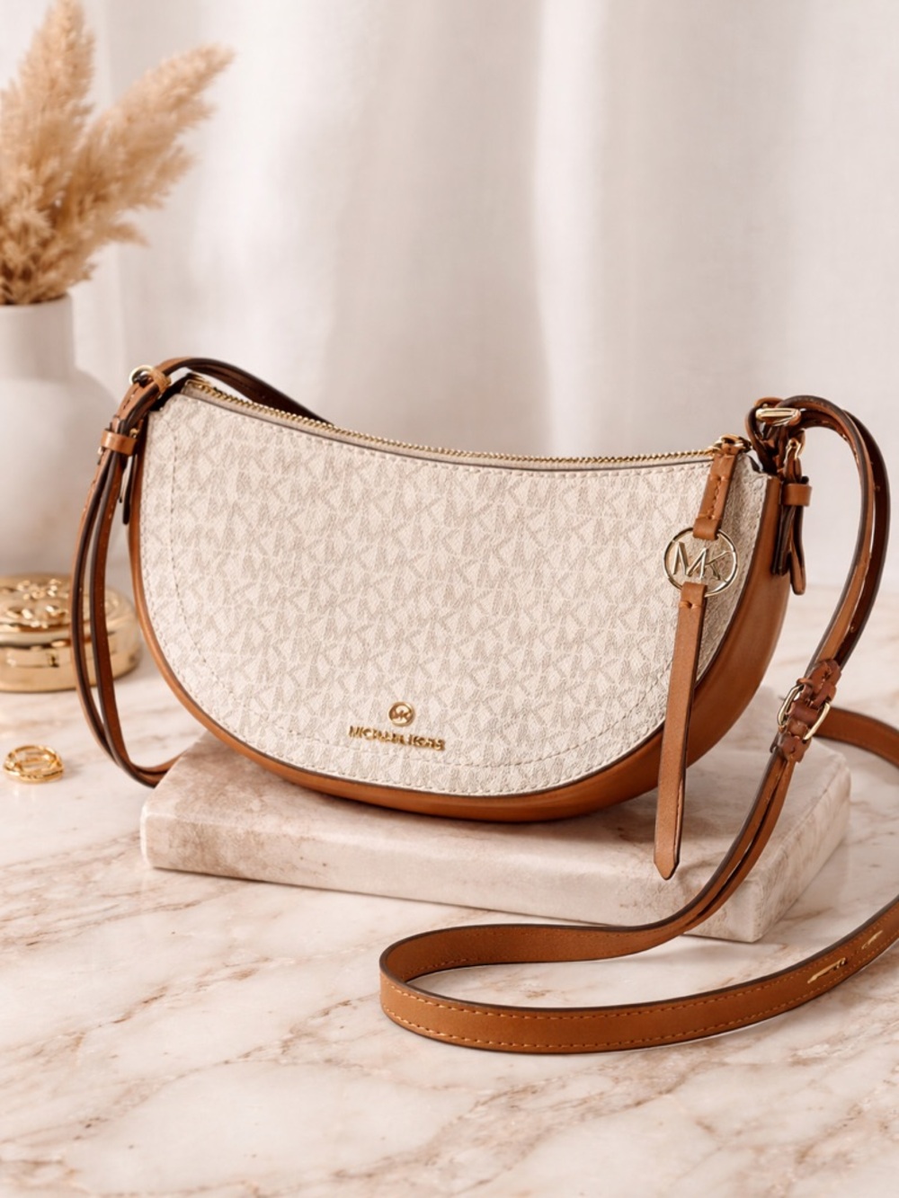 Michael Kors Cream & Tan Crescent Crossbody Bag
